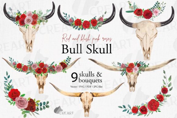 Blush Pink, Red Roses Floral Bull Skull
